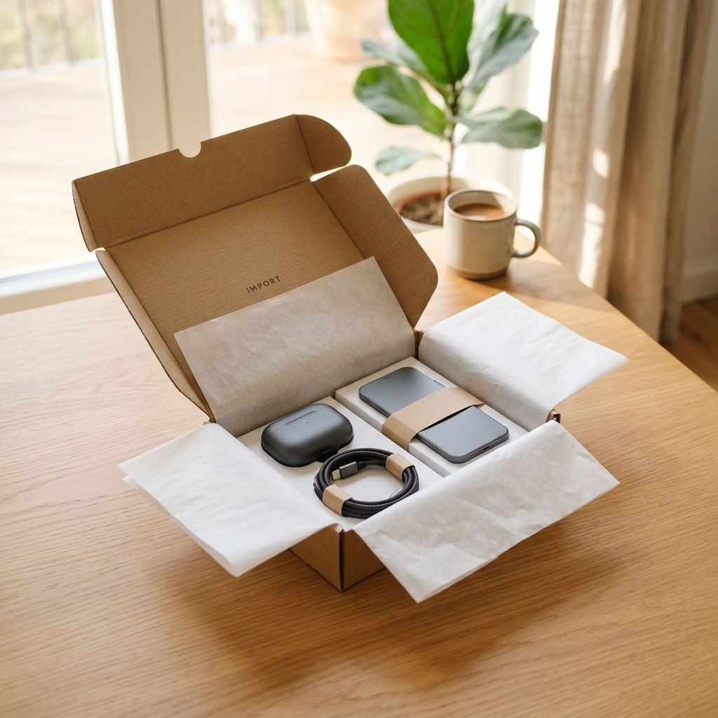 Unboxing de paquete de importación con tecnología y accesorios en Perú